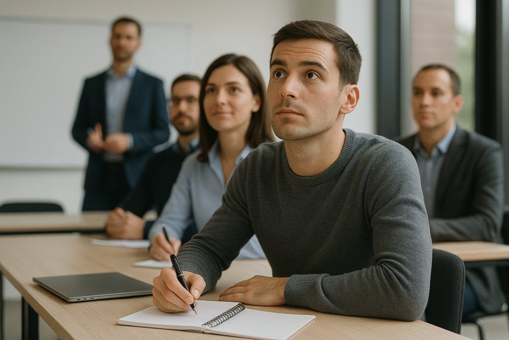Apprenant prenant des notes dans le cadre d’une formation pour devenir acheteur junior